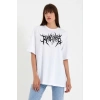 Unisex Bisiklet Yaka Baskılı Oversize T-Shirt - Beyaz