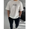 Unisex Bisiklet Yaka Baskılı Oversize T-Shirt - Beyaz