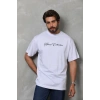 Unisex Bisiklet Yaka Baskılı Oversize T-Shirt - Beyaz