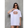 Unisex Bisiklet Yaka Baskılı Oversize T-Shirt - Beyaz