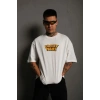 Unisex Bisiklet Yaka Baskılı Oversize T-Shirt - Beyaz