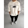Unisex Bisiklet Yaka Baskılı Oversize T-Shirt - Beyaz