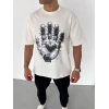 Unisex Bisiklet Yaka Baskılı Oversize T-Shirt - Beyaz