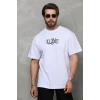 Unisex Bisiklet Yaka Baskılı Oversize T-Shirt - Beyaz