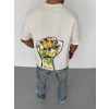 Unisex Bisiklet Yaka Baskılı Oversize T-Shirt - Beyaz