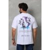 Unisex Bisiklet Yaka Baskılı Oversize T-Shirt - Beyaz