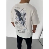 Unisex Bisiklet Yaka Baskılı Oversize T-Shirt - Beyaz