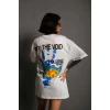Unisex Bisiklet Yaka Baskılı Oversize T-Shirt - Beyaz
