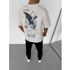 Unisex Bisiklet Yaka Baskılı Oversize T-Shirt - Beyaz