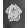 Unisex Bisiklet Yaka Baskılı Oversize T-Shirt - Beyaz