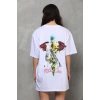 Unisex Bisiklet Yaka Baskılı Oversize T-Shirt - Beyaz