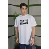 Unisex Bisiklet Yaka Baskılı Oversize T-Shirt - Beyaz