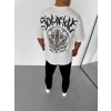 Unisex Bisiklet Yaka Baskılı Oversize T-Shirt - Beyaz