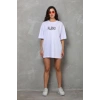 Unisex Bisiklet Yaka Baskılı Oversize T-Shirt - Beyaz