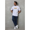 Unisex Bisiklet Yaka Baskılı Oversize T-Shirt - Beyaz