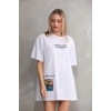Unisex Bisiklet Yaka Baskılı Oversize T-Shirt - Beyaz