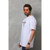 Unisex Bisiklet Yaka Baskılı Oversize T-Shirt - Beyaz