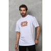 Unisex Bisiklet Yaka Baskılı Oversize T-Shirt - Beyaz