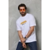 Unisex Bisiklet Yaka Baskılı Oversize T-Shirt - Beyaz