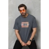 Unisex Bisiklet Yaka Baskılı Oversize T-Shirt - Füme