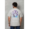 Unisex Bisiklet Yaka Baskılı Oversize T-Shirt - Gri