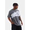 Unisex Bisiklet Yaka Baskılı Oversize T-Shirt - Gri
