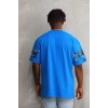 Unisex Bisiklet Yaka Baskılı Oversize T-Shirt - Mavi
