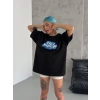 Unisex Bisiklet Yaka Baskılı Oversize T-Shirt - Siyah