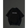 Unisex Bisiklet Yaka Baskılı Oversize T-Shirt - Siyah