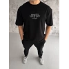 Unisex Bisiklet Yaka Baskılı Oversize T-Shirt - Siyah