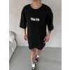Unisex Bisiklet Yaka Baskılı Oversize T-Shirt - Siyah