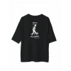 Unisex Bisiklet Yaka Baskılı Oversize T-Shirt - Siyah
