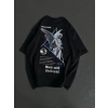 Unisex Bisiklet Yaka Baskılı Oversize T-Shirt - Siyah