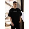 Unisex Bisiklet Yaka Baskılı Oversize T-Shirt - Siyah