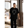 Unisex Bisiklet Yaka Baskılı Oversize T-Shirt - Siyah