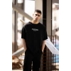 Unisex Bisiklet Yaka Baskılı Oversize T-Shirt - Siyah
