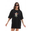 Unisex Bisiklet Yaka Baskılı Oversize T-Shirt - Siyah