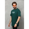Unisex Bisiklet Yaka Baskılı Oversize T-Shirt - Yeşil