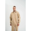 Unisex Double Oversize Patlı Yaka SweatShirt - Bej
