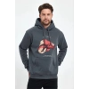 Erkek Kapüşonlu Üç İplik Pamuklu Baskılı Sweatshirt - Füme