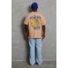 Unisex Oversize Baskılı Bisiklet Yaka T-Shirt - Bej
