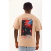 Unisex Oversize Baskılı Bisiklet Yaka T-Shirt - Bej