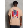 Unisex Oversize Baskılı Bisiklet Yaka T-Shirt - Bej