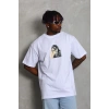 Unisex Oversize Baskılı Bisiklet Yaka T-Shirt - Beyaz