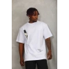 Unisex Oversize Baskılı Bisiklet Yaka T-Shirt - Beyaz