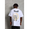 Unisex Oversize Baskılı Bisiklet Yaka T-Shirt - Beyaz