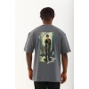 Unisex Oversize Baskılı Bisiklet Yaka T-Shirt - Füme