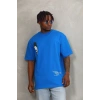 Unisex Oversize Baskılı Bisiklet Yaka T-Shirt - Mavi