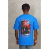Unisex Oversize Baskılı Bisiklet Yaka T-Shirt - Mavi