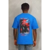Unisex Oversize Baskılı Bisiklet Yaka T-Shirt - Mavi